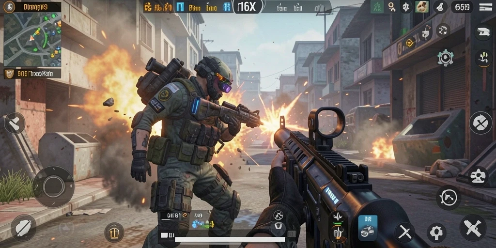 Tampilan dinamis gameplay FPS yang menegangkan di 116X.