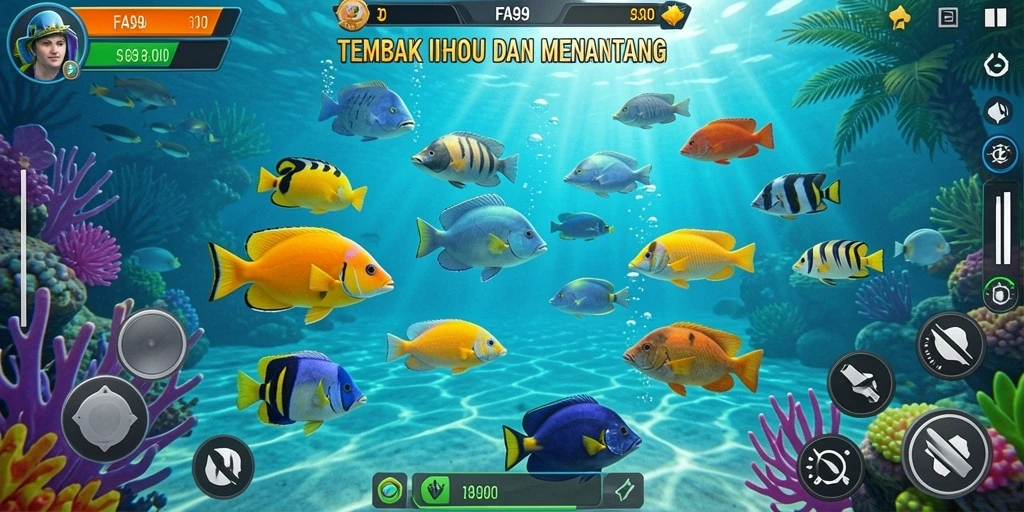 Screenshot FA99 menunjukkan gameplay menembak ikan yang seru.