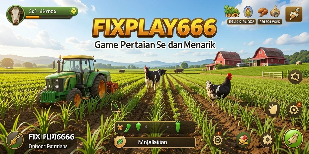 Screenshot gameplay FIXPLAY666 menampilkan petani sedang merawat ladang dengan tanaman subur.