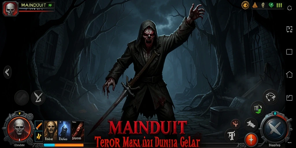Screen utama game MAINDUIT dengan suasana horror yang mencekam.