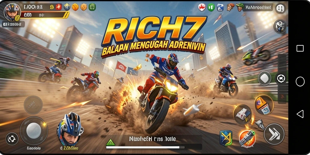 Tampilan gameplay RICH7 dengan balapan yang mendebarkan dan grafis menawan.